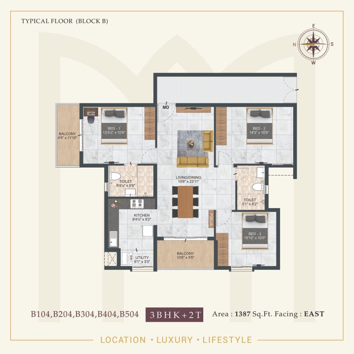 Floor plan of 3 BHK 1387 Sq. Ft. Apartment in DAC Medallion, Chennai