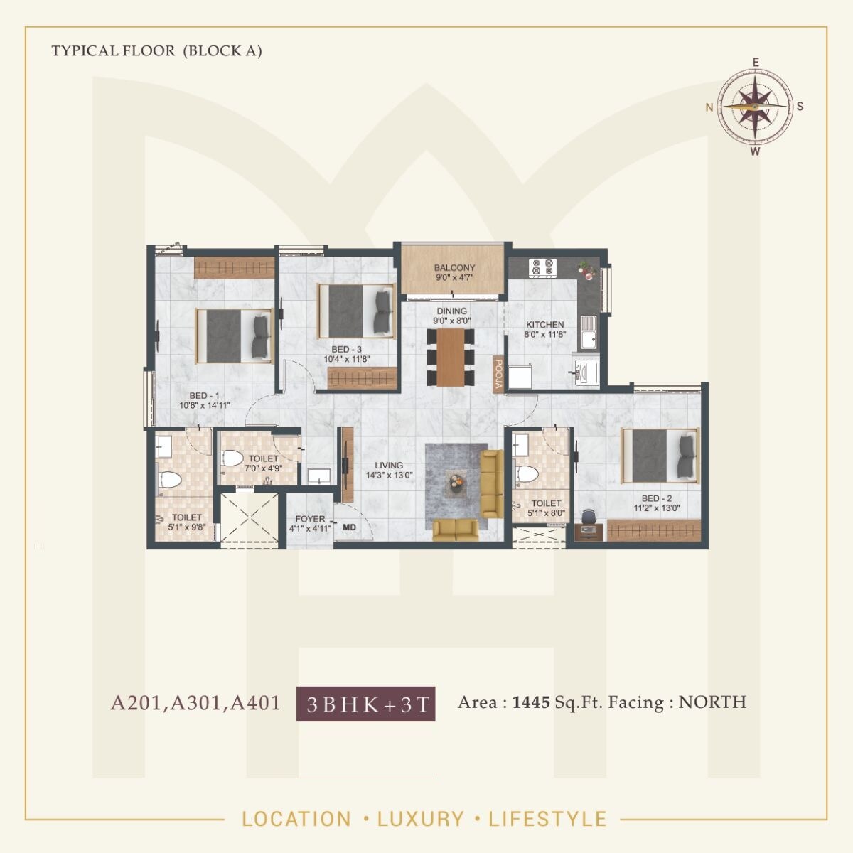 Floor plan of 3 BHK 1445 Sq. Ft. Apartment in DAC Medallion, Chennai