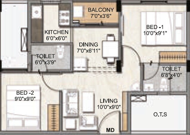 Floor plan of 2 BHK 642 Sq. Ft. Apartment in DAC Millennium, Chennai