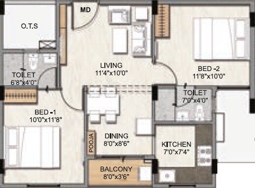 Floor plan of 2 BHK 810 Sq. Ft. Apartment in DAC Millennium, Chennai