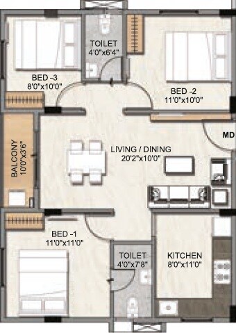 Floor plan of 3 BHK 1047 Sq. Ft. Apartment in DAC Millennium, Chennai