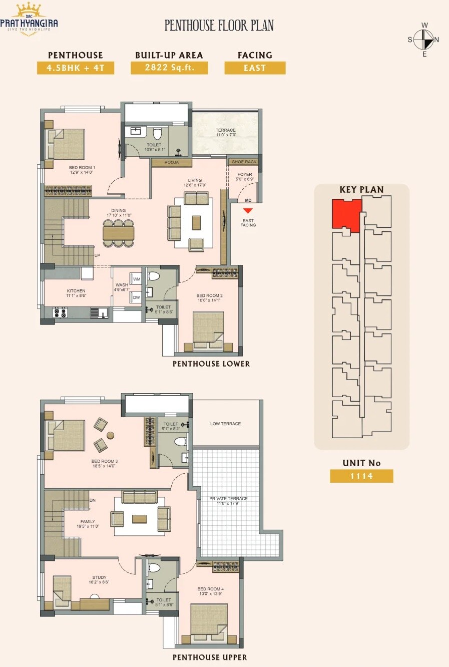 Floor plan of 4 BHK 2822 Sq. Ft. Penthouse in DAC Prathyangira, Chennai