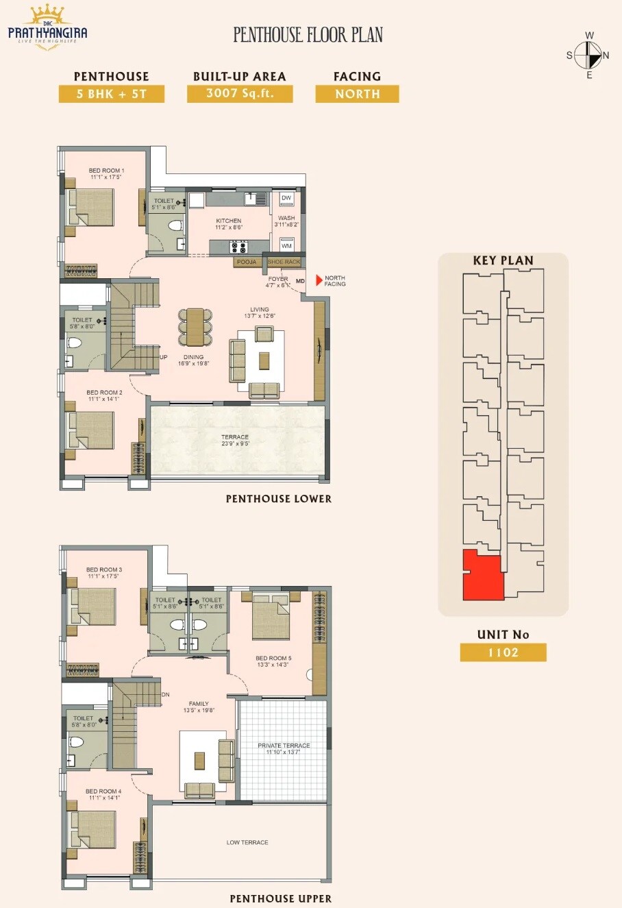 Floor plan of 5 BHK 3007 Sq. Ft. Penthouse in DAC Prathyangira, Chennai