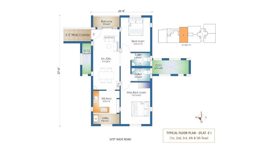 Floor plan of 2 BHK 932 Sq. Ft. Apartment in DCC Adanya, Chennai