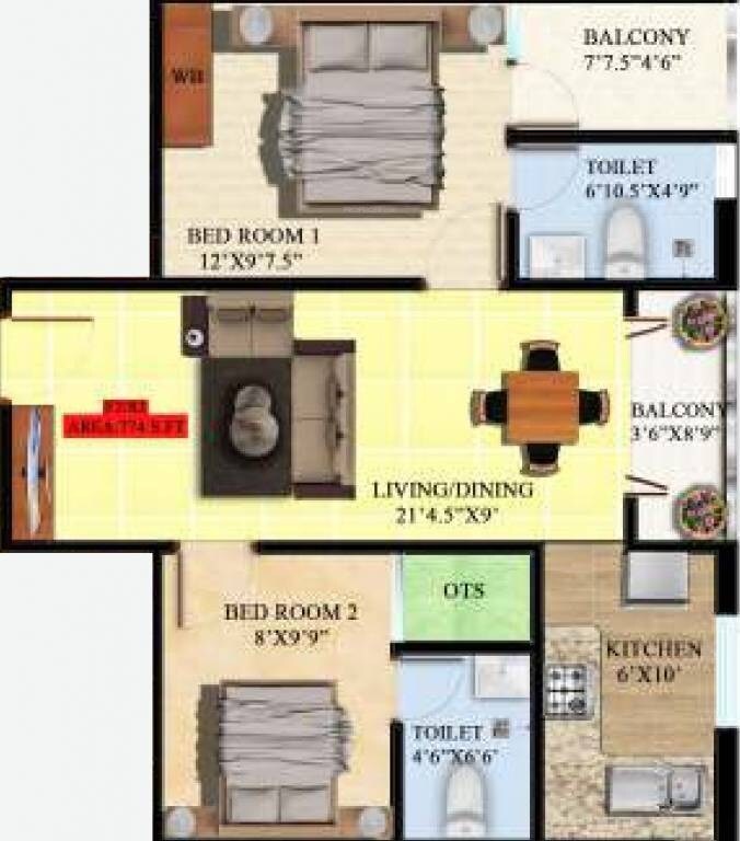 Floor plan of 2 BHK 774 Sq. Ft. Apartment in DCC Aglaia, Chennai