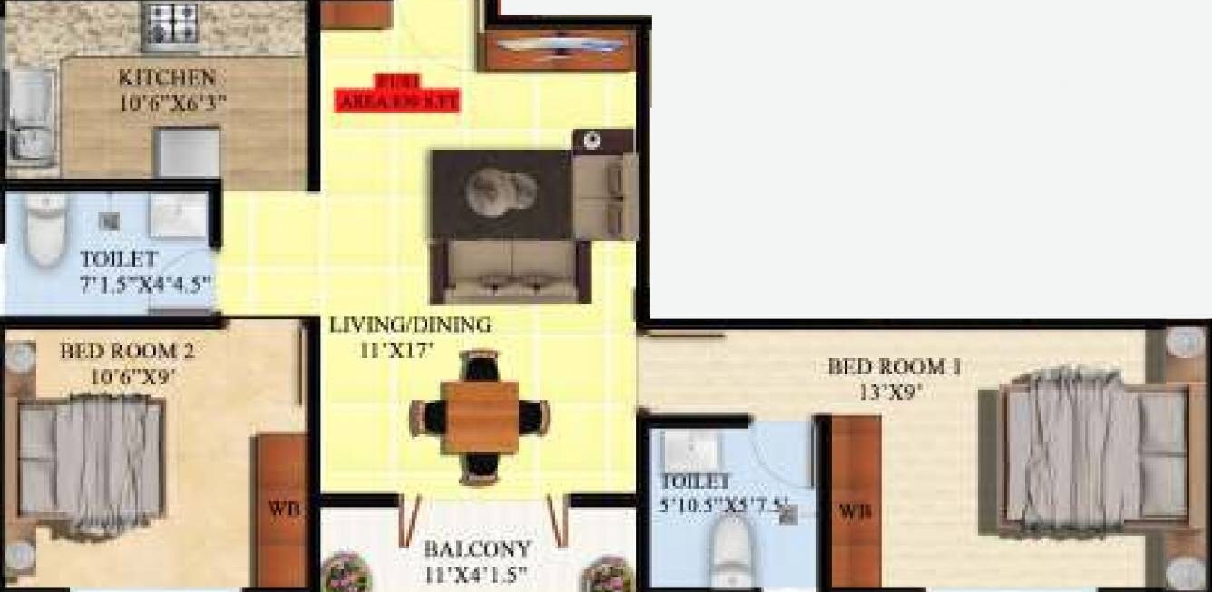 Floor plan of 2 BHK 852 Sq. Ft. Apartment in DCC Aglaia, Chennai