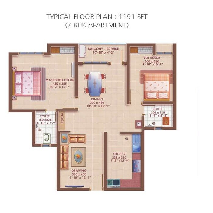 Floor plan of 2 BHK 1191 Sq. Ft. Apartment in Deccan Appurva, Chennai