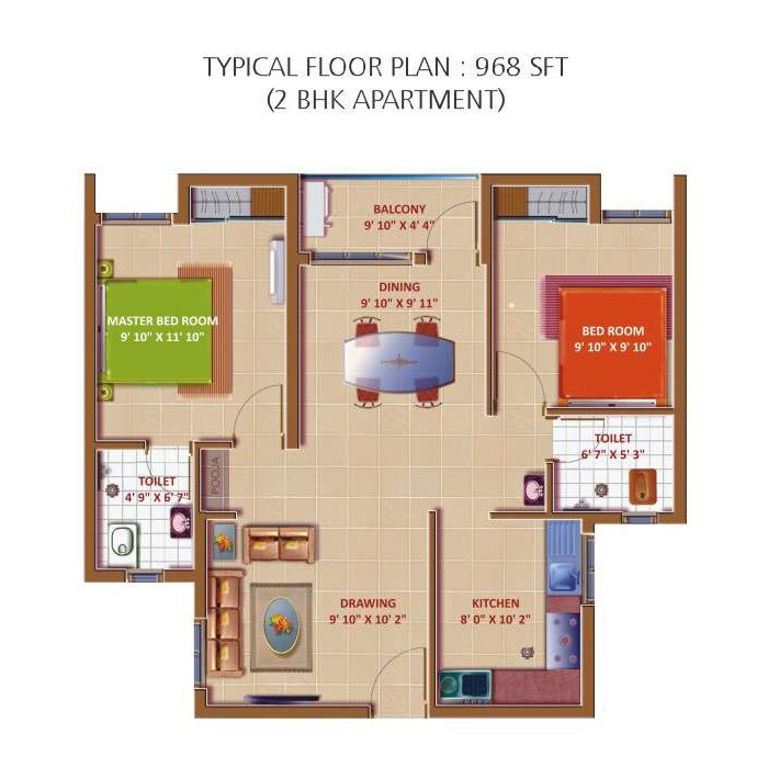Floor plan of 2 BHK 968 Sq. Ft. Apartment in Deccan Appurva, Chennai