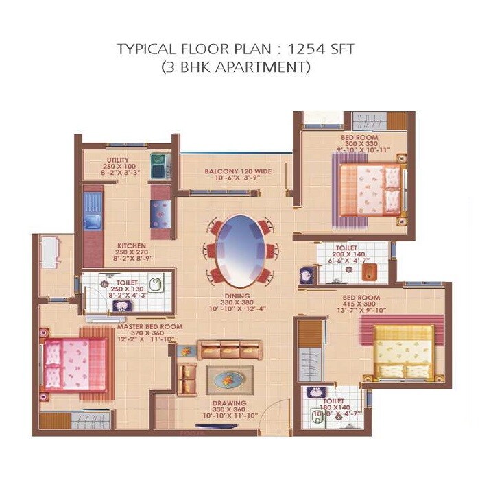 Floor plan of 3 BHK 1254 Sq. Ft. Apartment in Deccan Appurva, Chennai