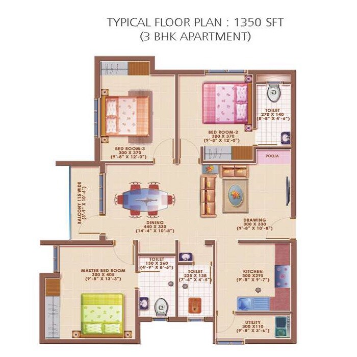 Floor plan of 3 BHK 1350 Sq. Ft. Apartment in Deccan Appurva, Chennai