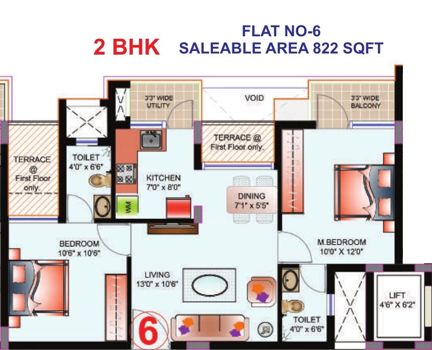 Floor plan of 2 BHK 822 Sq. Ft. Apartment in Deccan Prakruti, Chennai