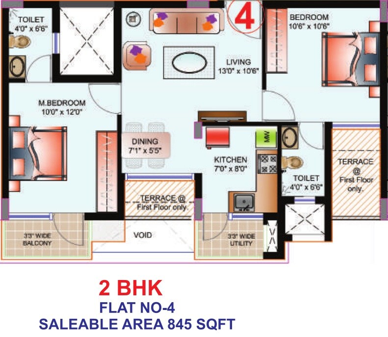 Floor plan of 2 BHK 845 Sq. Ft. Apartment in Deccan Prakruti, Chennai
