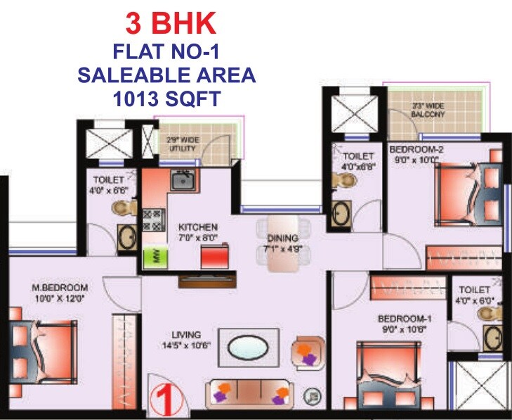 Floor plan of 3 BHK 1013 Sq. Ft. Apartment in Deccan Prakruti, Chennai