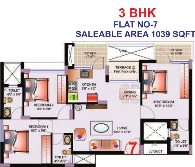 Floor plan of 3 BHK 1039 Sq. Ft. Apartment in Deccan Prakruti, Chennai