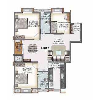 Floor plan of 2 BHK 1297 Sq. Ft. Apartment in Devinarayan Vasantham, Chennai