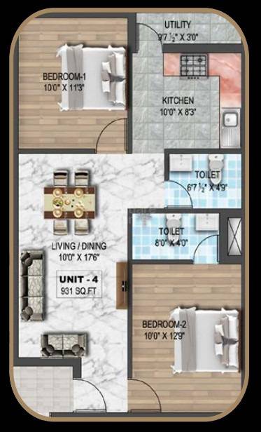 Floor plan of 2 BHK 931 Sq. Ft. Apartment in Dhiyaa Padmanabha, Chennai
