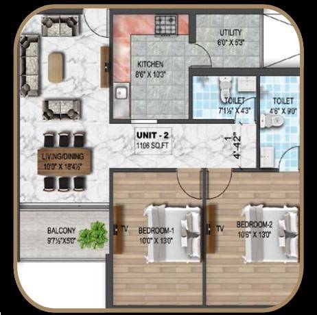 Floor plan of 2 BHK 1211 Sq. Ft. Apartment in Dhiyaa Padmanabha, Chennai