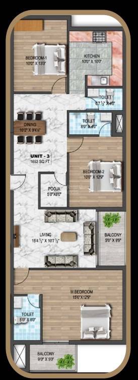 Floor plan of 3 BHK 1653 Sq. Ft. Apartment in Dhiyaa Padmanabha, Chennai