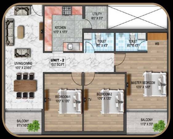 Floor plan of 3 BHK 1517 Sq. Ft. Apartment in Dhiyaa Padmanabha, Chennai
