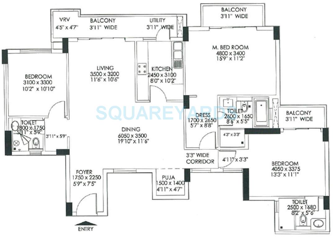 Floor plan of 3 BHK 1971 Sq. Ft. Apartment in DLF Commanders Court, Chennai