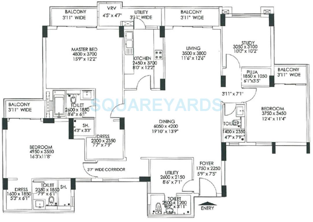 Floor plan of 3 BHK 2635 Sq. Ft. Apartment in DLF Commanders Court, Chennai