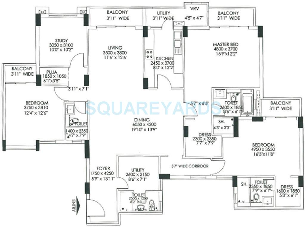 Floor plan of 3 BHK 2699 Sq. Ft. Apartment in DLF Commanders Court, Chennai