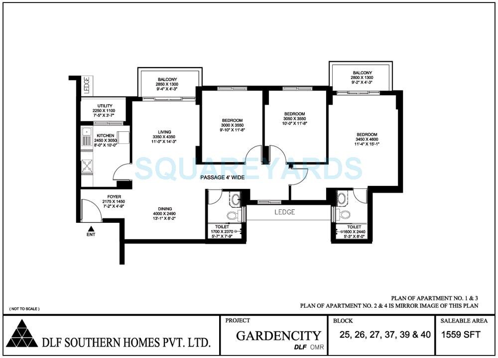 Floor plan of 3 BHK 1559 Sq. Ft. Apartment in DLF Gardencity, Chennai