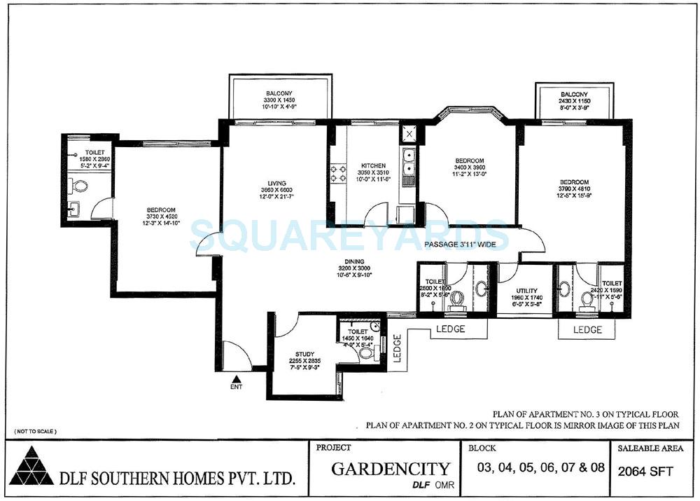 Floor plan of 3 BHK 2064 Sq. Ft. Apartment in DLF Gardencity, Chennai