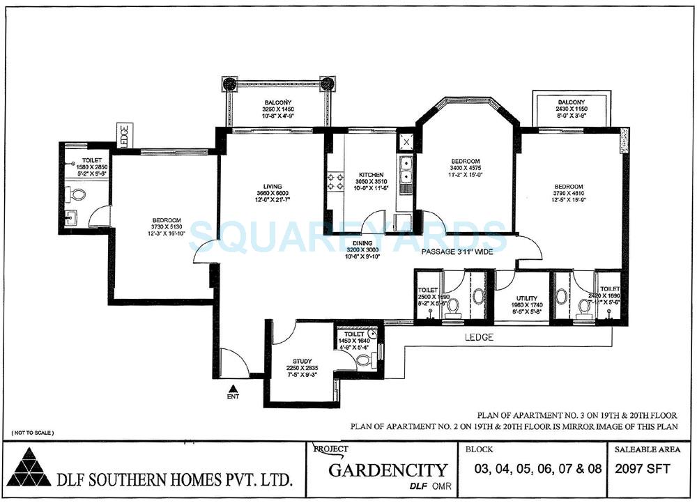Floor plan of 3 BHK 2097 Sq. Ft. Apartment in DLF Gardencity, Chennai