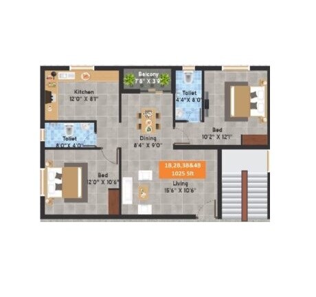 Floor plan of 2 BHK 1025 Sq. Ft. Apartment in Dolly Windsor Castle, Chennai