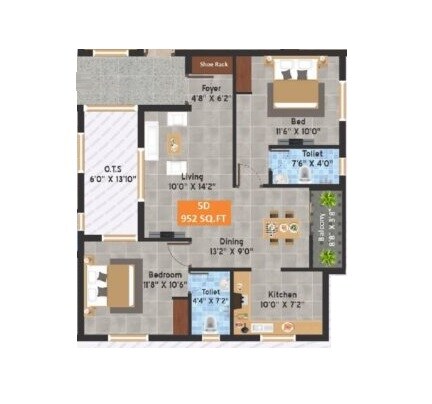 Floor plan of 2 BHK 952 Sq. Ft. Apartment in Dolly Windsor Castle, Chennai
