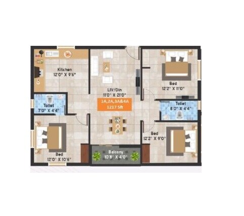 Floor plan of 3 BHK 1217 Sq. Ft. Apartment in Dolly Windsor Castle, Chennai
