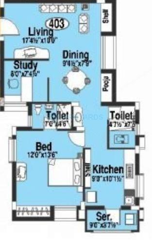 Floor plan of 1 BHK 1055 Sq. Ft. Apartment in Doshi Etopia 1, Chennai