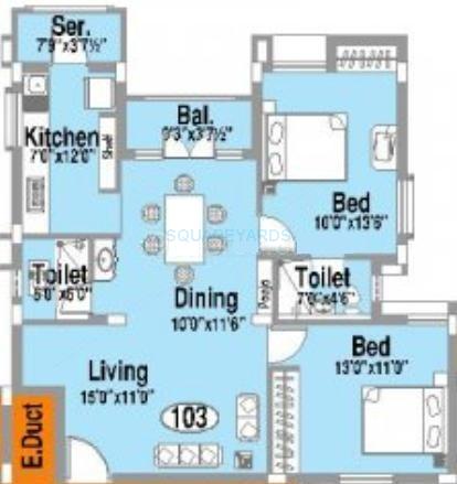 Floor plan of 2 BHK 1190 Sq. Ft. Apartment in Doshi Etopia 1, Chennai