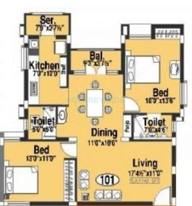 Floor plan of 2 BHK 1220 Sq. Ft. Apartment in Doshi Etopia 1, Chennai