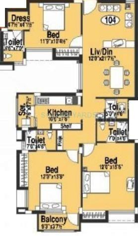 Floor plan of 3 BHK 1500 Sq. Ft. Apartment in Doshi Etopia 1, Chennai
