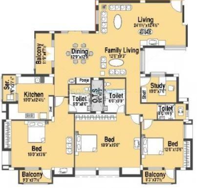 Floor plan of 3 BHK 2480 Sq. Ft. Apartment in Doshi Etopia 1, Chennai