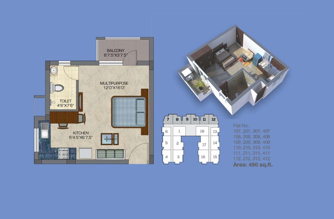 Floor plan of 1 BHK 490 Sq. Ft. Apartment in Doshi Euphoria, Chennai
