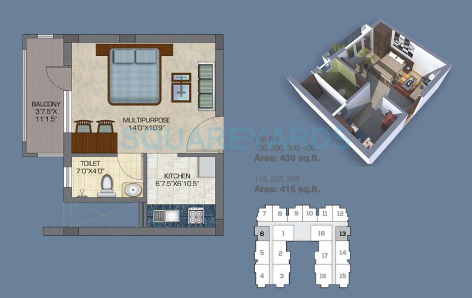 Floor plan of 1 BHK 415 Sq. Ft. Apartment in Doshi Euphoria, Chennai