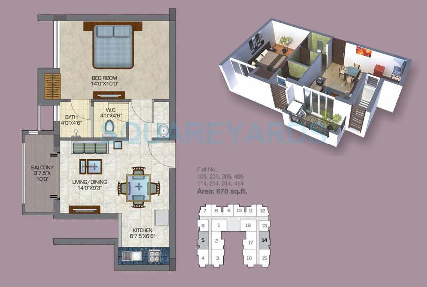 Floor plan of 1 BHK 670 Sq. Ft. Apartment in Doshi Euphoria, Chennai