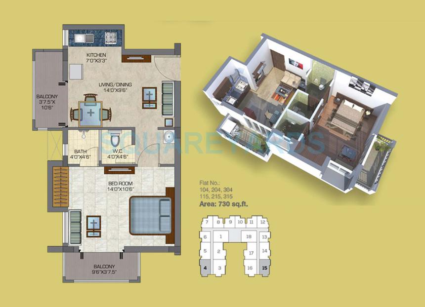 Floor plan of 1 BHK 730 Sq. Ft. Apartment in Doshi Euphoria, Chennai