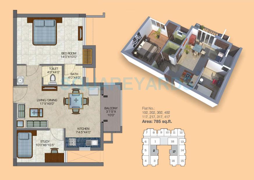 Floor plan of 1 BHK 785 Sq. Ft. Apartment in Doshi Euphoria, Chennai