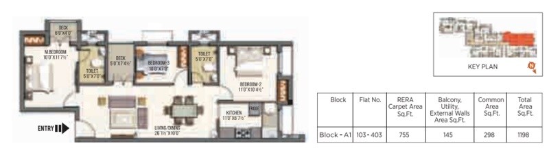 Floor plan of 3 BHK 1198 Sq. Ft. Apartment in Doshi Firstnest, Chennai