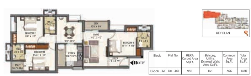 Floor plan of 3 BHK 1470 Sq. Ft. Apartment in Doshi Firstnest, Chennai