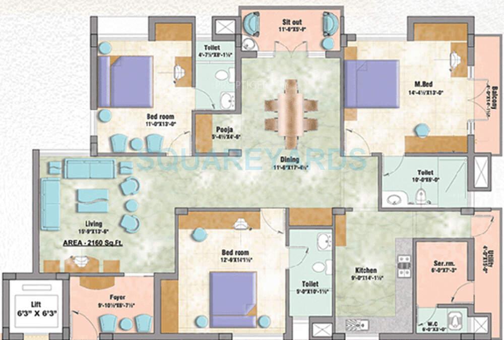 Floor plan of 3 BHK 2160 Sq. Ft. Apartment in Doshi Llanstephan, Chennai