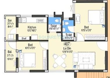 Floor plan of 2 BHK 930 Sq. Ft. Apartment in Doshi Oriana, Chennai