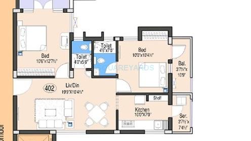 Floor plan of 2 BHK 940 Sq. Ft. Apartment in Doshi Oriana, Chennai