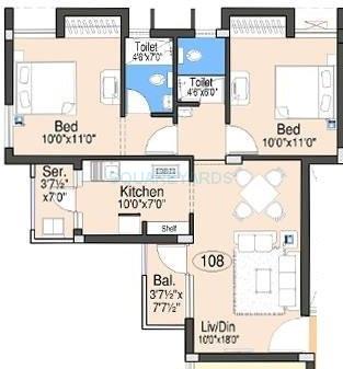 Floor plan of 2 BHK 945 Sq. Ft. Apartment in Doshi Oriana, Chennai