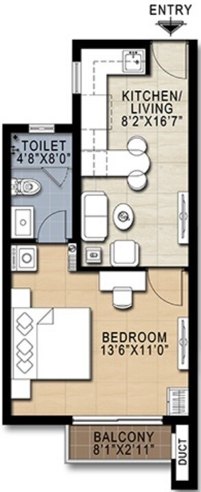 Floor plan of 1 BHK 538 Sq. Ft. Apartment in Doshi Risington, Chennai
