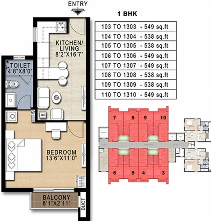 Floor plan of 1 BHK 549 Sq. Ft. Apartment in Doshi Risington, Chennai